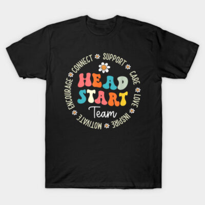 Black T-shirt with colorful "Head Start Team" design, motivational words, and floral accents, ideal for casual wear.