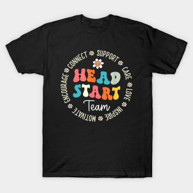 Black T-shirt with colorful "Head Start Team" design, motivational words, and floral accents, ideal for casual wear.