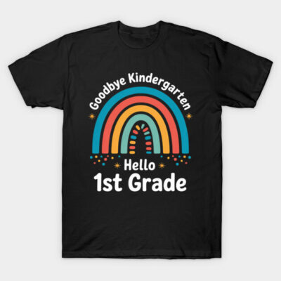 Black t-shirt with colorful rainbow design, "Goodbye Kindergarten, Hello 1st Grade" text, casual style, cotton material.