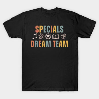 Black "Specials Dream Team" T-shirt with colorful text and icons, casual wear, cotton material, unisex design.