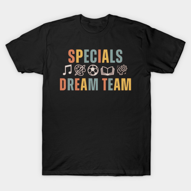 Black "Specials Dream Team" T-shirt with colorful text and icons, casual wear, cotton material, unisex design.