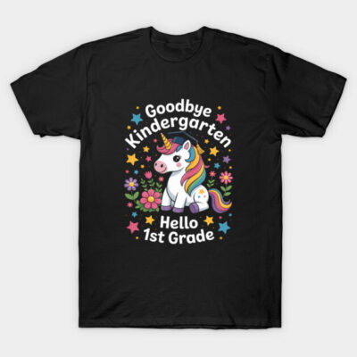 Black t-shirt with colorful unicorn graphic, "Goodbye Kindergarten, Hello 1st Grade" text, ideal for kids' graduation.