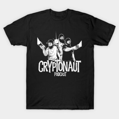 Black Cryptonaut Podcast T-shirt, featuring bold white graphic design, casual unisex style, ideal for everyday wear.