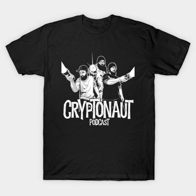 Black Cryptonaut Podcast T-shirt, featuring bold white graphic design, casual unisex style, ideal for everyday wear.
