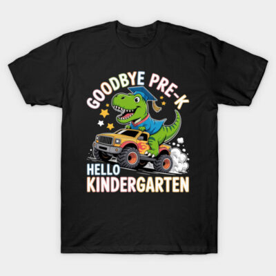 Black t-shirt with a colorful dinosaur and truck design, featuring "Goodbye Pre-K, Hello Kindergarten" text.