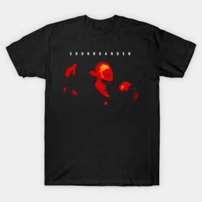 Black Soundgarden t-shirt with vibrant red abstract design, casual style, comfortable cotton fabric, ideal for music fans.