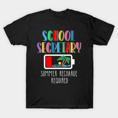 Black t-shirt with colorful "School Secretary" text and battery graphic, summer-themed, casual wear.