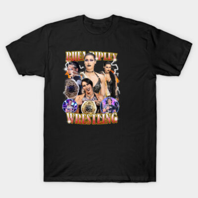 Black wrestling-themed graphic t-shirt, unisex, featuring vibrant collage design, ideal for sports fans and casual wear.