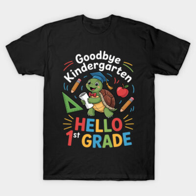 Black children's t-shirt with "Goodbye Kindergarten Hello 1st Grade" turtle design, colorful school-themed graphics.