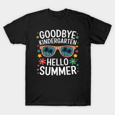 Black "Goodbye Kindergarten Hello Summer" T-shirt with colorful design, casual style, perfect for end-of-school celebrations.