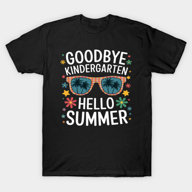 Black "Goodbye Kindergarten Hello Summer" T-shirt with colorful design, casual style, perfect for end-of-school celebrations.