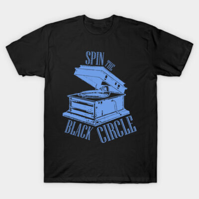 Black t-shirt with blue vintage record player design and "Spin the Black Circle" text, casual wear.