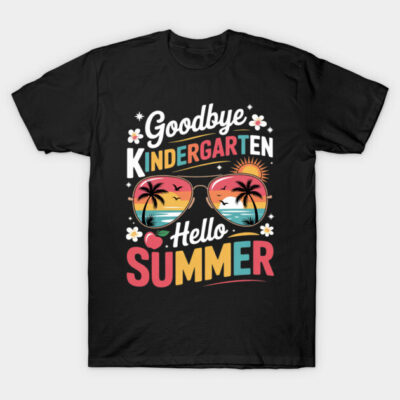 Black t-shirt with colorful "Goodbye Kindergarten, Hello Summer" print, featuring palm trees and sunglasses design.