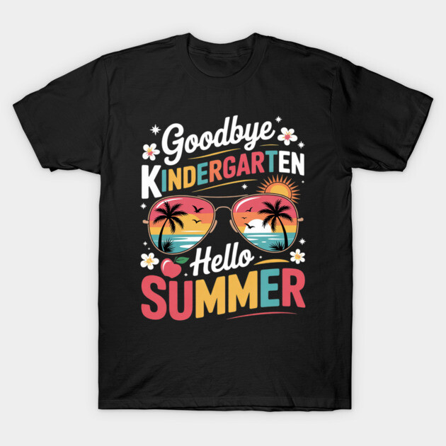 Black t-shirt with colorful "Goodbye Kindergarten, Hello Summer" print, featuring palm trees and sunglasses design.