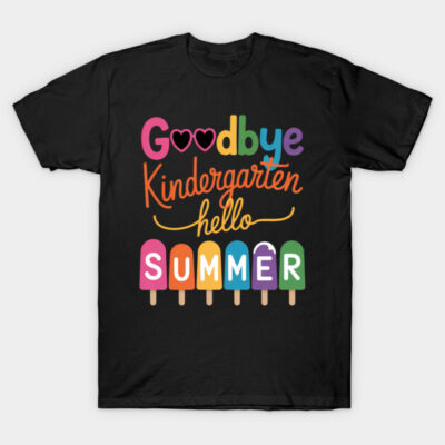 Black t-shirt with colorful "Goodbye Kindergarten Hello Summer" popsicle graphic, perfect for kids' summer wear.