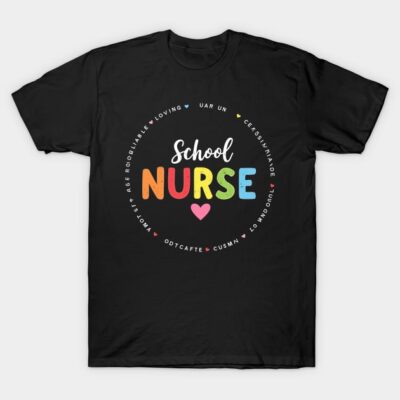Black "School Nurse" T-shirt, colorful text, casual style, cotton material, ideal for everyday wear or gifting.