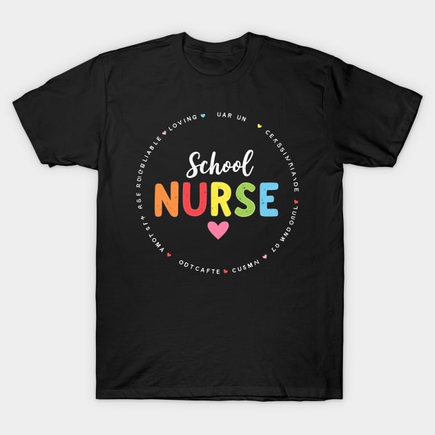 Black "School Nurse" T-shirt, colorful text, casual style, cotton material, ideal for everyday wear or gifting.