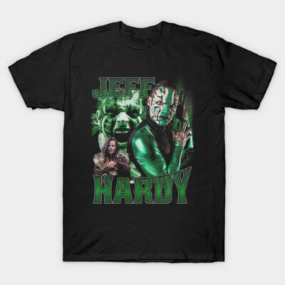 Black graphic t-shirt featuring green and black design with text, ideal for casual wear and fans of unique prints.