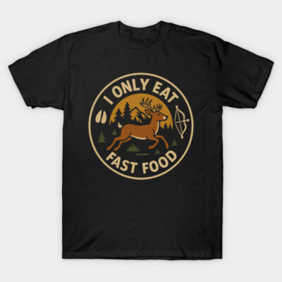 Black graphic tee with deer and forest design, "I Only Eat Fast Food" text, casual style, cotton material.