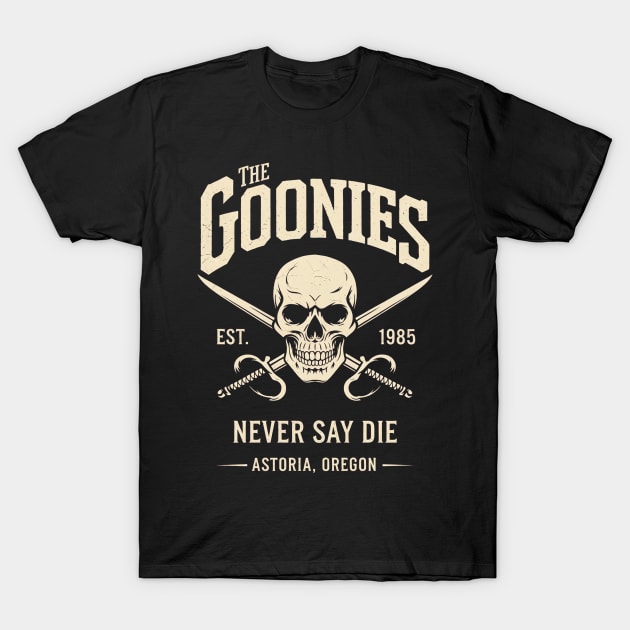 Black "The Goonies" t-shirt featuring skull and swords design, vintage style, cotton material, casual wear.