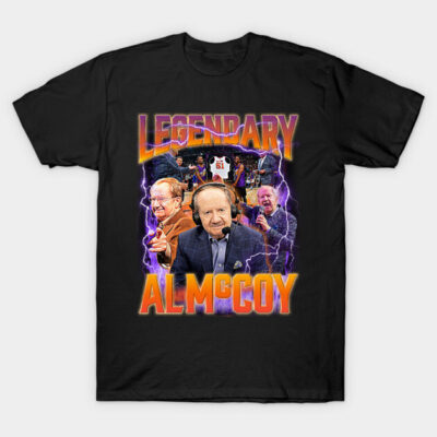 Black t-shirt featuring a bold, colorful graphic design with "Legendary Al McCoy" text, perfect for fans and collectors.