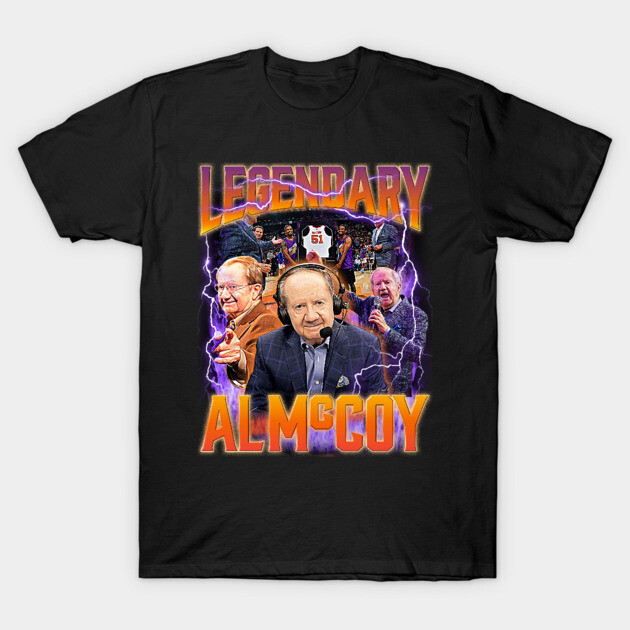 Black t-shirt featuring a bold, colorful graphic design with "Legendary Al McCoy" text, perfect for fans and collectors.