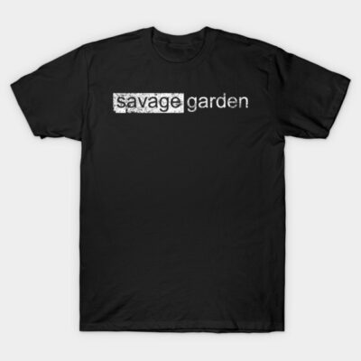 Black cotton T-shirt with "savage garden" text in distressed style, casual wear, unisex design.