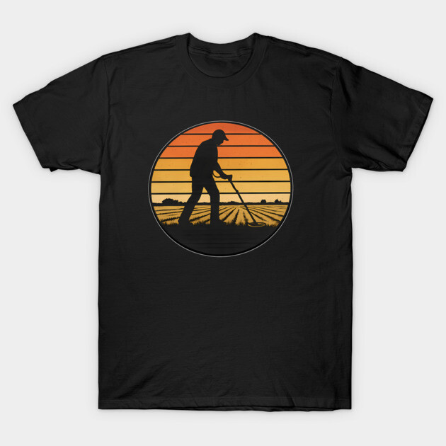 Black T-shirt with retro sunset and metal detecting silhouette print, casual style, cotton material.