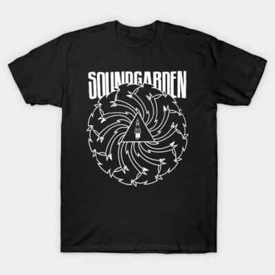 Black graphic t-shirt with white spiral design, featuring bold text. Ideal for casual wear, 100% cotton.