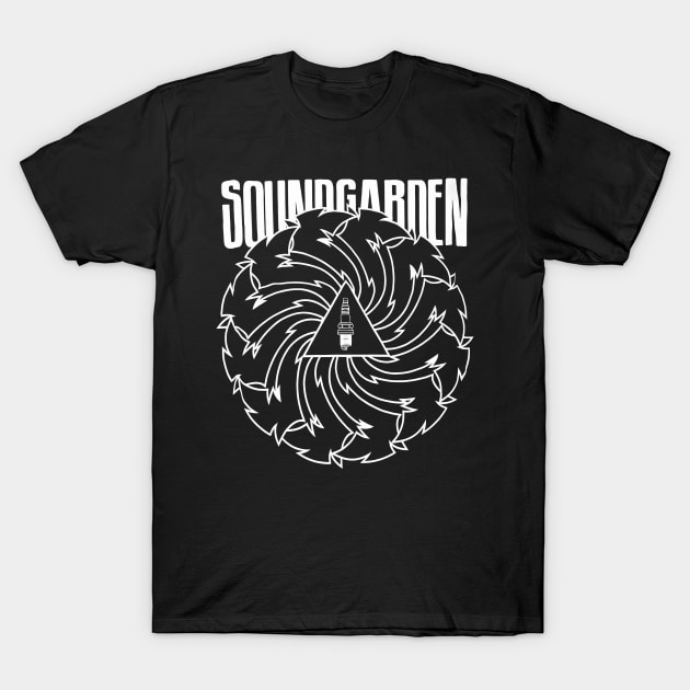 Black graphic t-shirt with white spiral design, featuring bold text. Ideal for casual wear, 100% cotton.