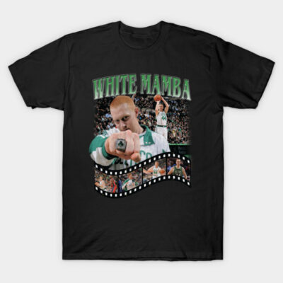 Black "White Mamba" graphic t-shirt featuring sports-themed design, ideal for casual wear or sports fans.