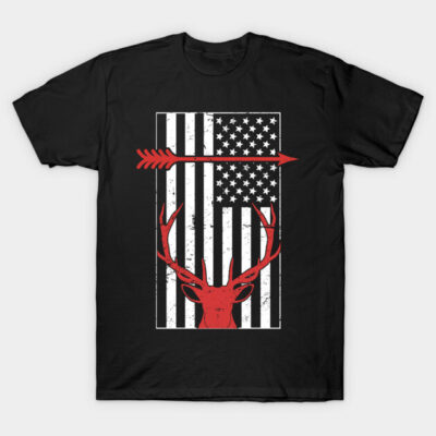 Black t-shirt with red deer, arrow, and American flag design; casual wear; cotton blend; unisex style.