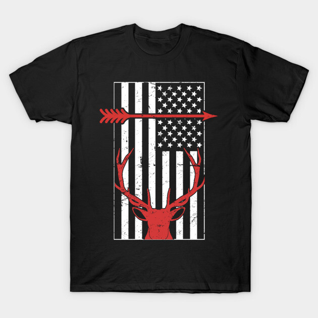 Black t-shirt with red deer, arrow, and American flag design; casual wear; cotton blend; unisex style.