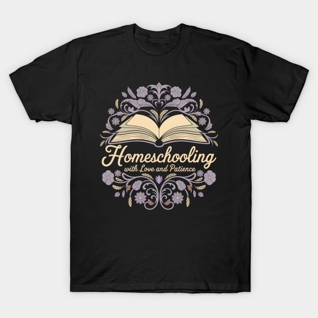 Black homeschooling t-shirt with floral design and book graphic, perfect for educators, cotton material, casual style.