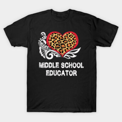 Black t-shirt with leopard heart design and "Middle School Educator" text, perfect for teachers, cotton material.