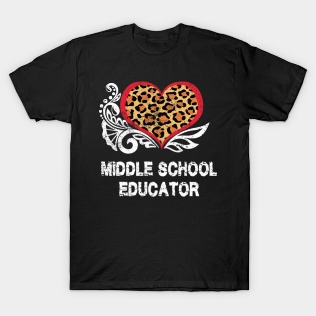 Black t-shirt with leopard heart design and "Middle School Educator" text, perfect for teachers, cotton material.