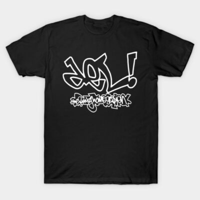 Black t-shirt with bold white graffiti design, casual streetwear style, ideal for everyday use, cotton material.