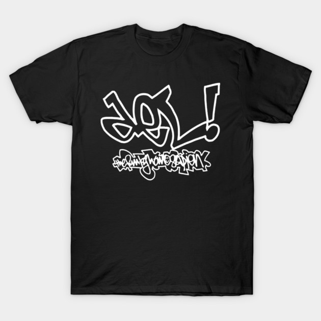 Black t-shirt with bold white graffiti design, casual streetwear style, ideal for everyday use, cotton material.