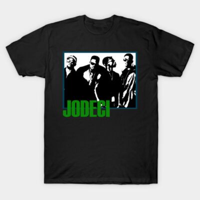 Black graphic tee with retro band design, bold green text, casual fit, soft cotton material, perfect for music fans.
