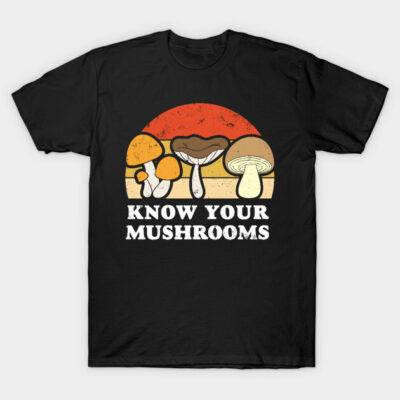 Black T-shirt with "Know Your Mushrooms" text and colorful mushroom graphic, casual style, cotton material.
