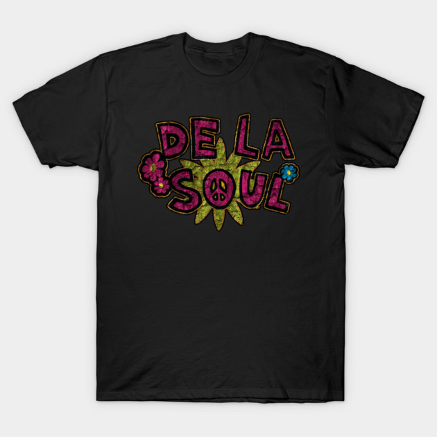 Black t-shirt with colorful "De La Soul" floral design, casual style, cotton material.