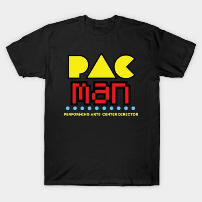 Black T-shirt with colorful retro gaming design, bold red and yellow text, casual wear, cotton material.