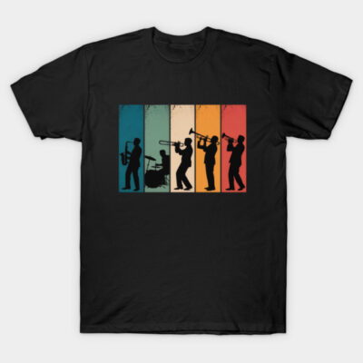 Black t-shirt with retro jazz band silhouette design, featuring colorful vertical stripes. Perfect for music lovers.