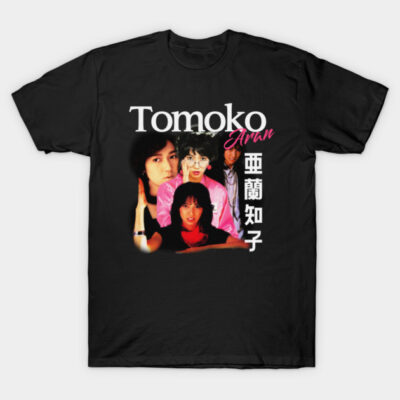 Black graphic T-shirt featuring retro collage design with bold text, perfect for casual wear and made from soft cotton.