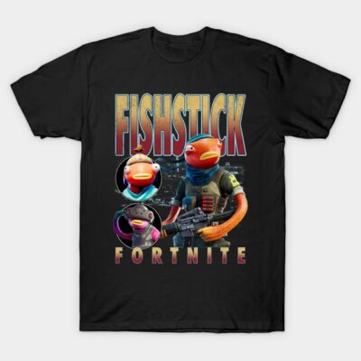 Black graphic t-shirt featuring colorful fish character design, ideal for casual wear, made of 100% cotton.