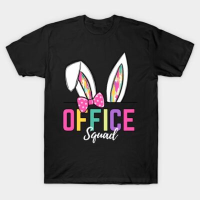 Black T-shirt with colorful "Office Squad" text, bunny ears, and pink polka dot bow design, ideal for casual wear.