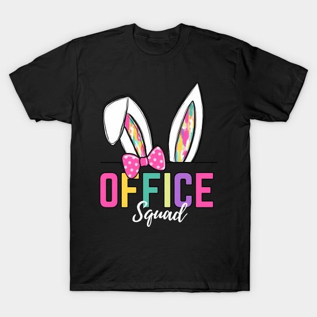 Black T-shirt with colorful "Office Squad" text, bunny ears, and pink polka dot bow design, ideal for casual wear.