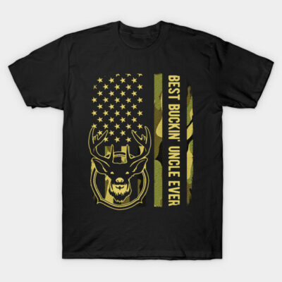 Black t-shirt with gold deer graphic, American flag, and "Best Buckin' Uncle Ever" text, perfect for casual wear.