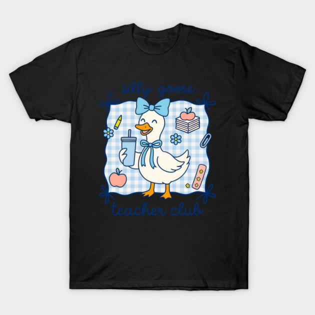 Black T-shirt with "Silly Goose Teacher Club" design, featuring a cute goose and school-themed elements, casual style.