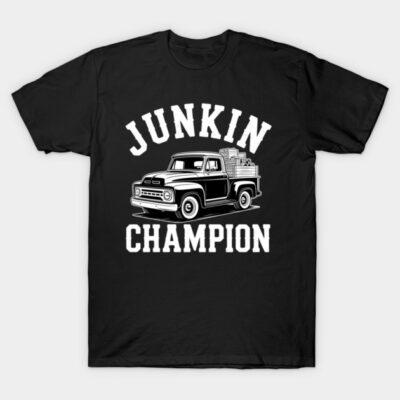 Black "Junkin Champion" t-shirt with vintage truck graphic, casual style, cotton fabric, ideal for everyday wear.